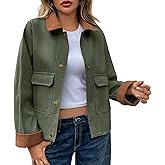 Oymyakon Women Cropped Jacket Contrast Collar Utility Coat Button Down Barn Jacket Fall Casual Cargo Jackets Outwear