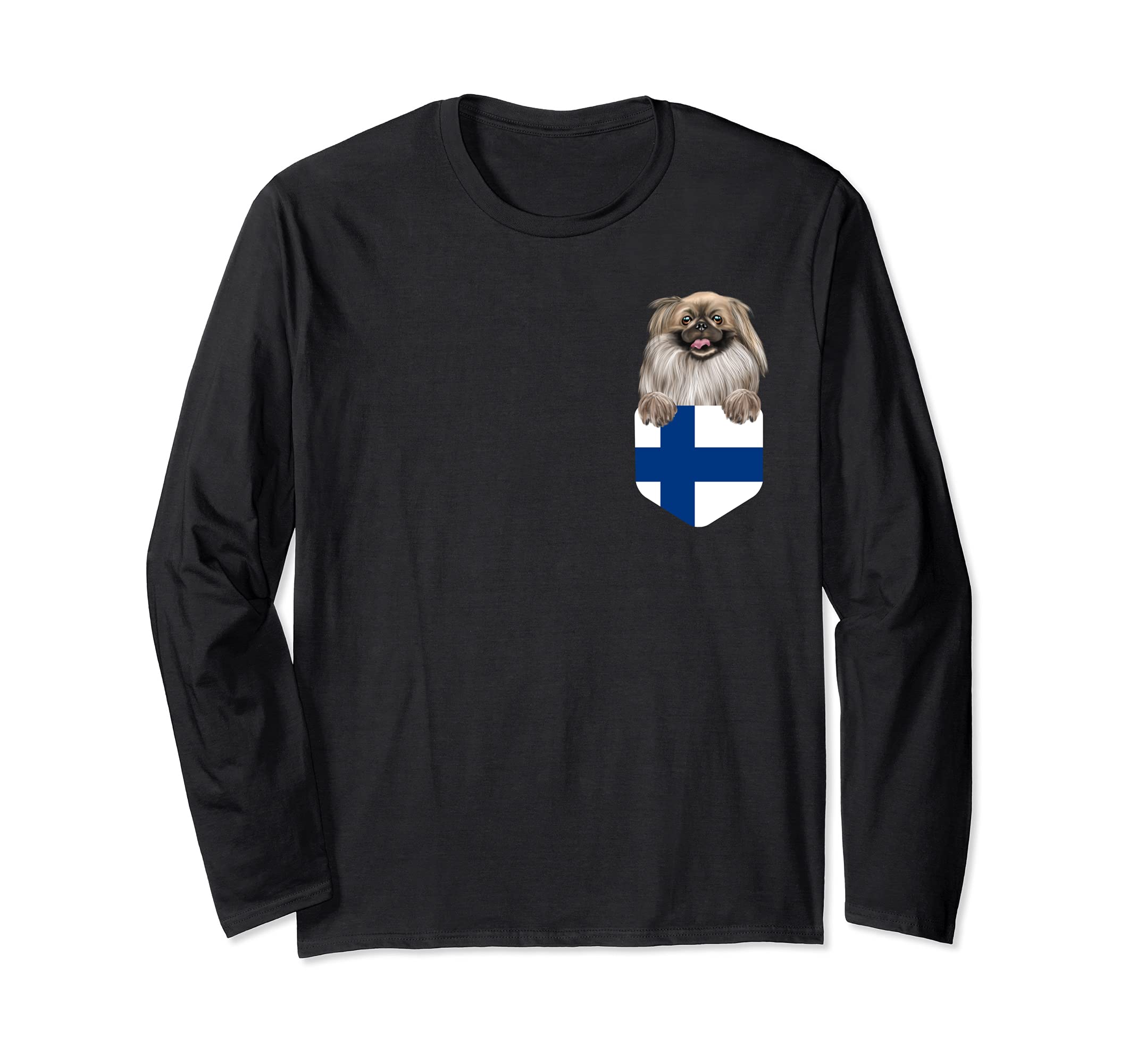 Finland Flag Pekingese Dog In Pocket Long Sleeve T-Shirt