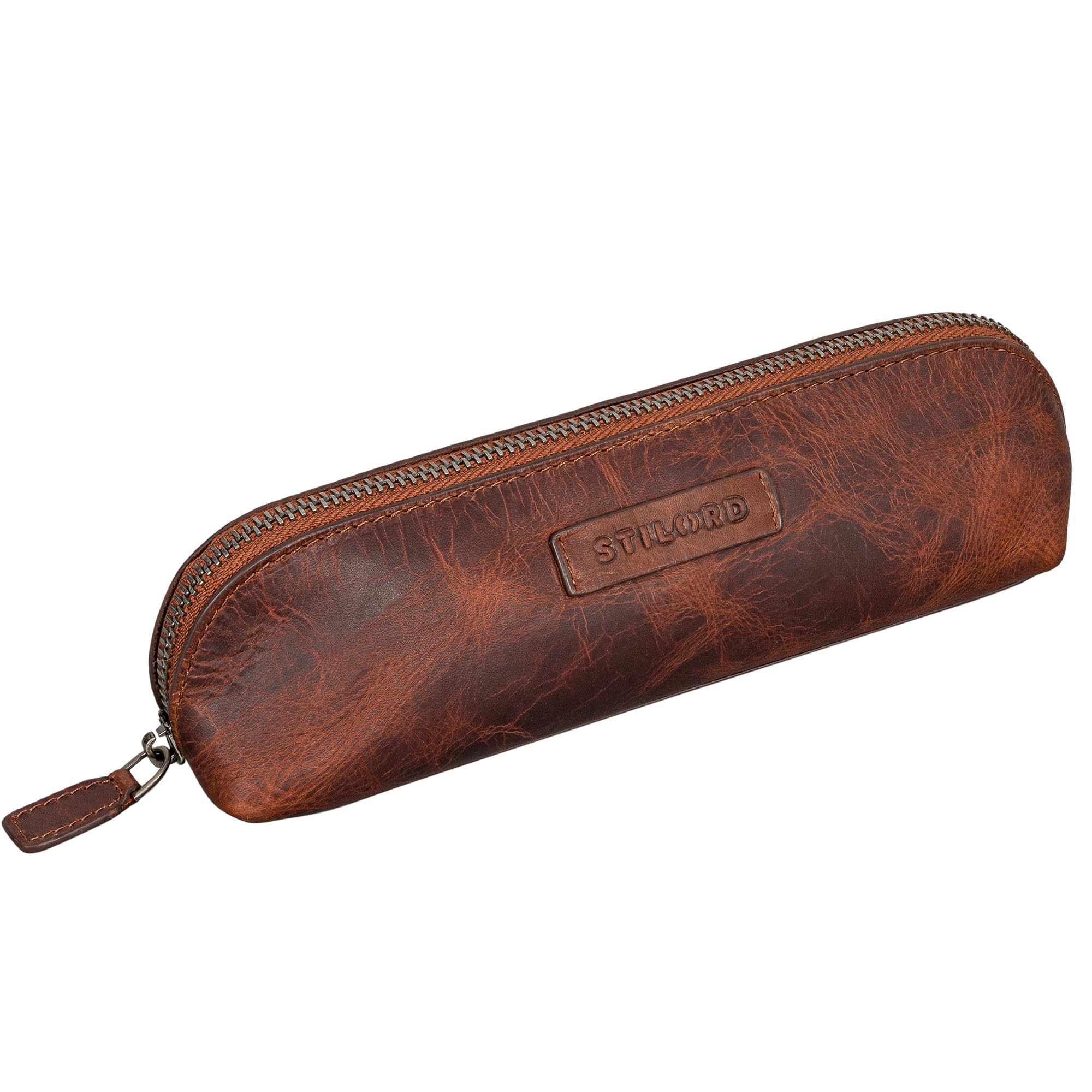 STILORD 'Alfons' Slim Pencil case Leather Vintage with Zipper Cosmetic Bag Pencil case Pencil roll Pencil case case Genuine Leather, Colour:Ambra - Cognac