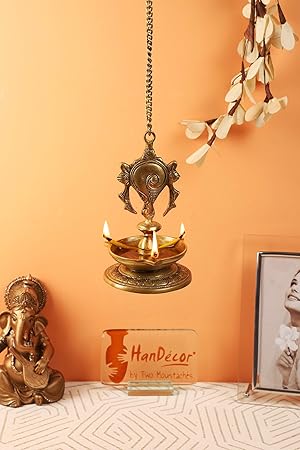 Two Moustaches Brass Shankh Design Hanging Diya (Yellow_4 Inch X 4 Inch X 7.5 Inch )