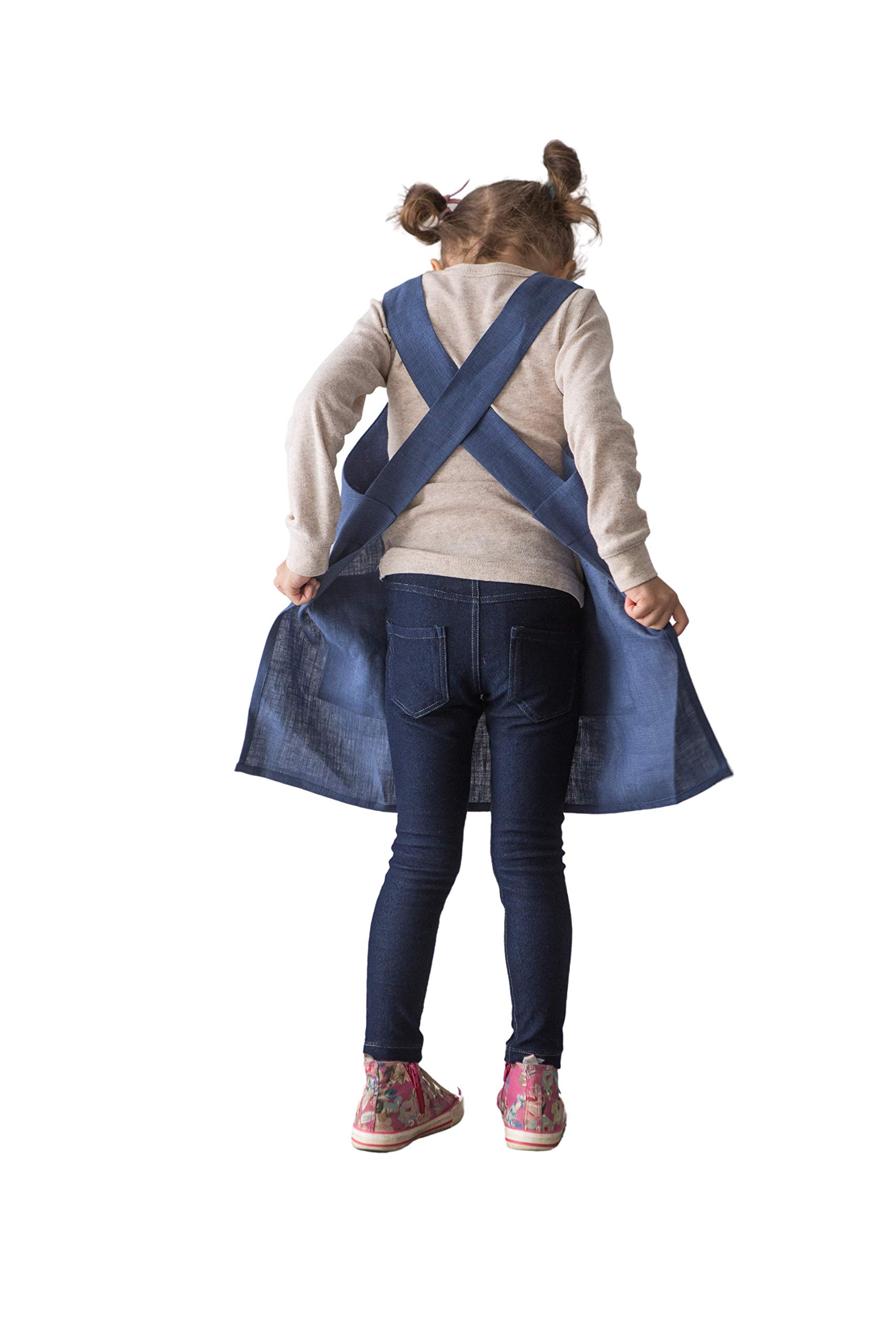 Bunny Street Pure Linen Apron - Japanese Pinafore Aprons for Children (Coastal Blue, Kids 7-9 Years)