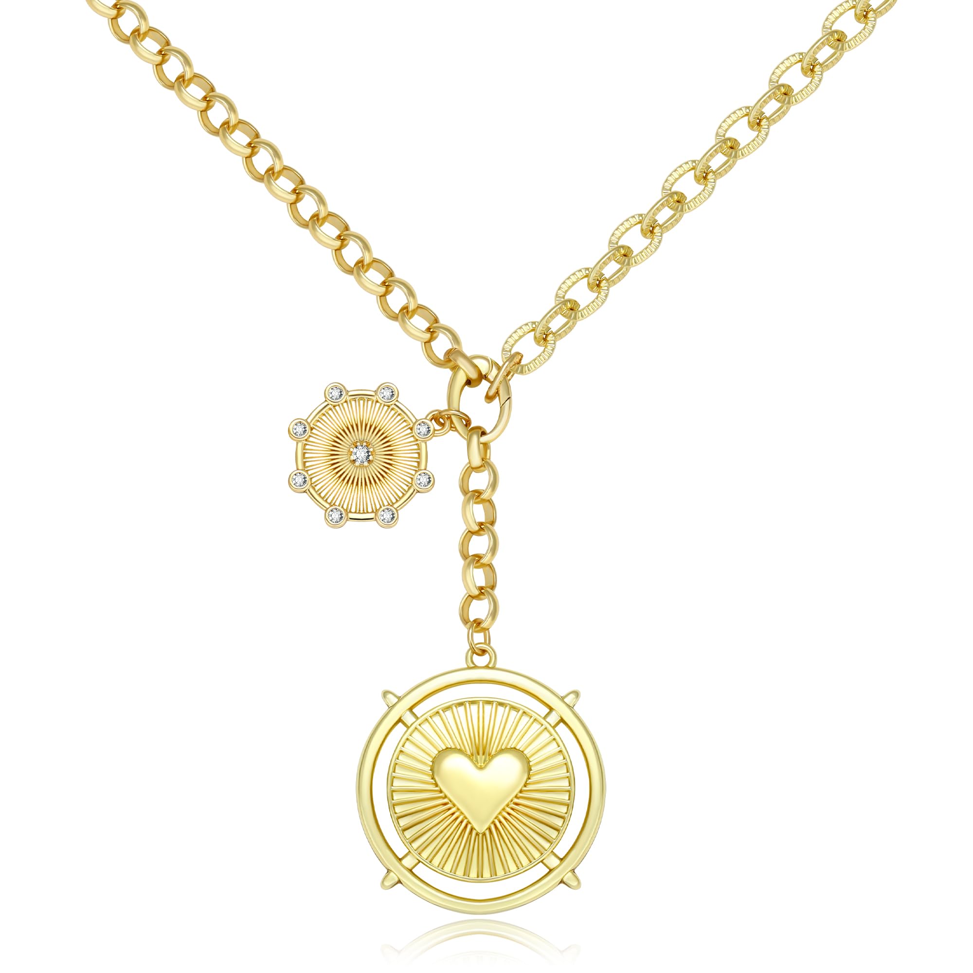 BONJOULRY Chunky Gold Heart Sun Coin Charm Necklace
