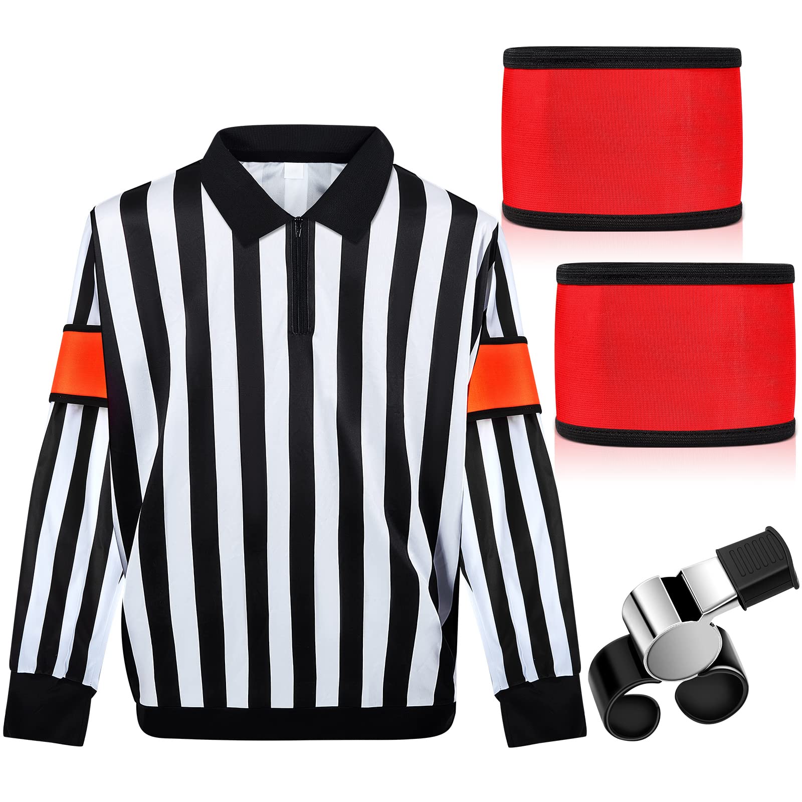 Photo 1 of Hicarer Ice Hockey Long Sleeve Striped Referee Shirt Men's Official Referee Costume Orange Red Armbands Finger Grip Whistle(M)