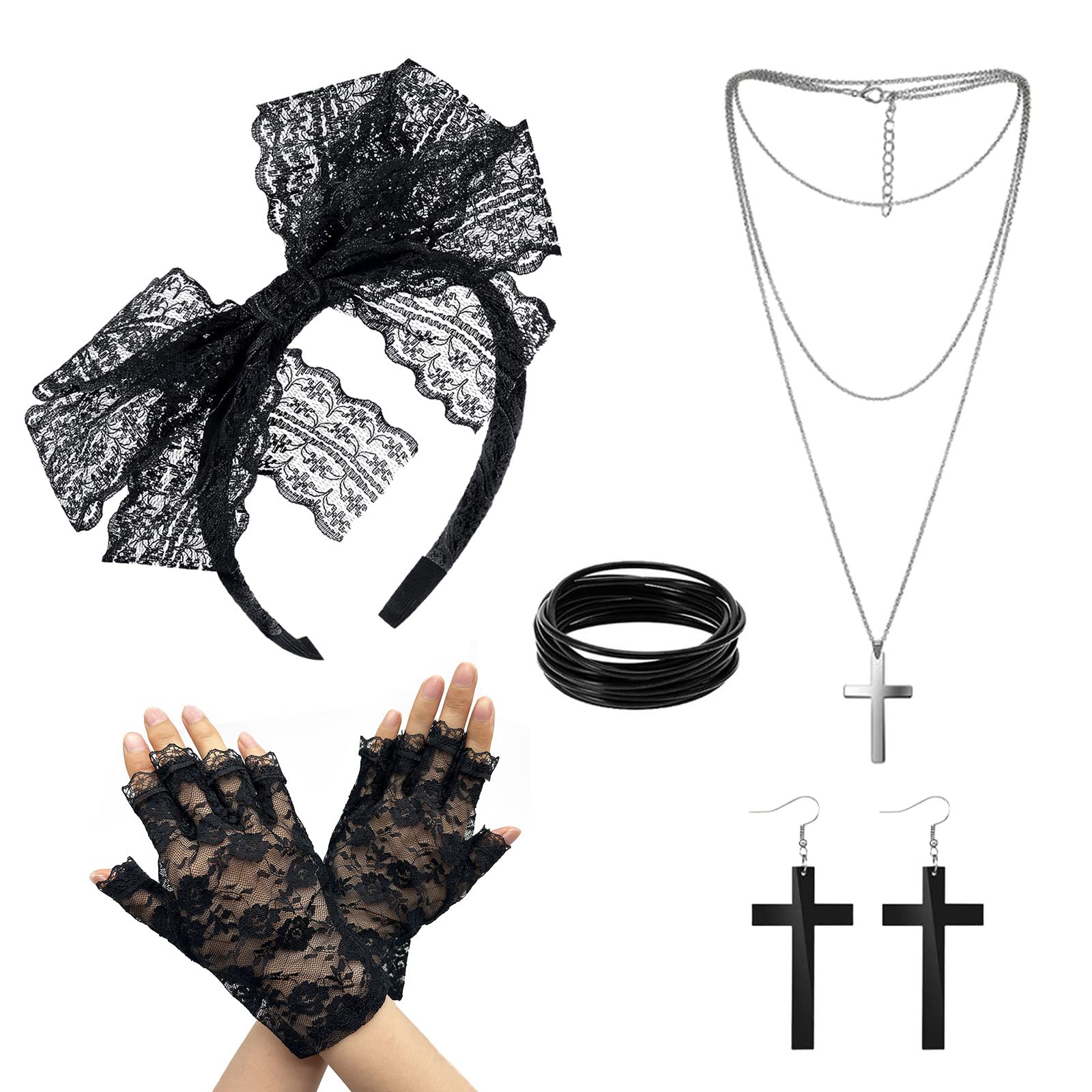 MIVAIUN 5pcs Ladies 80s Accessories: 80s Fancy Dress Costume Accessories - Lace Headband, Earrings, Fishnet Gloves, Retro Party Necklace & Bracelet (Black)