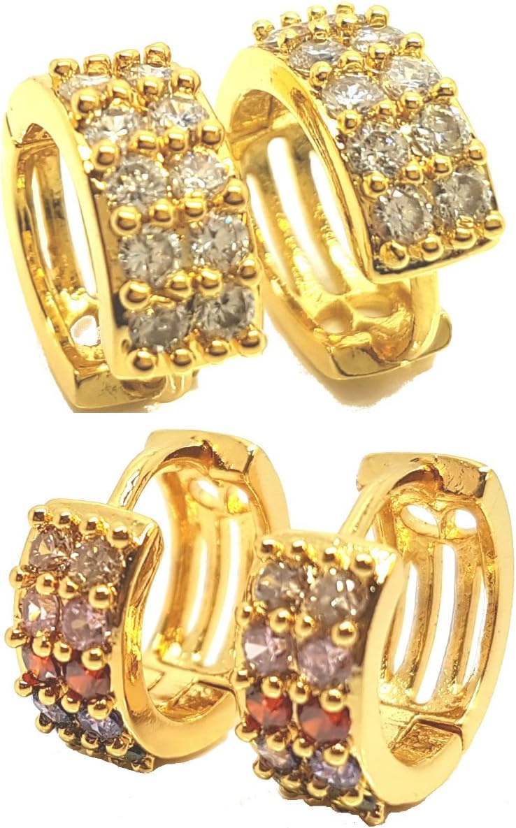 Vonchic 9ct Gold Filled Iced Out Crystals CZ Huggie Hoop Hoops Earrings 2 Pairs