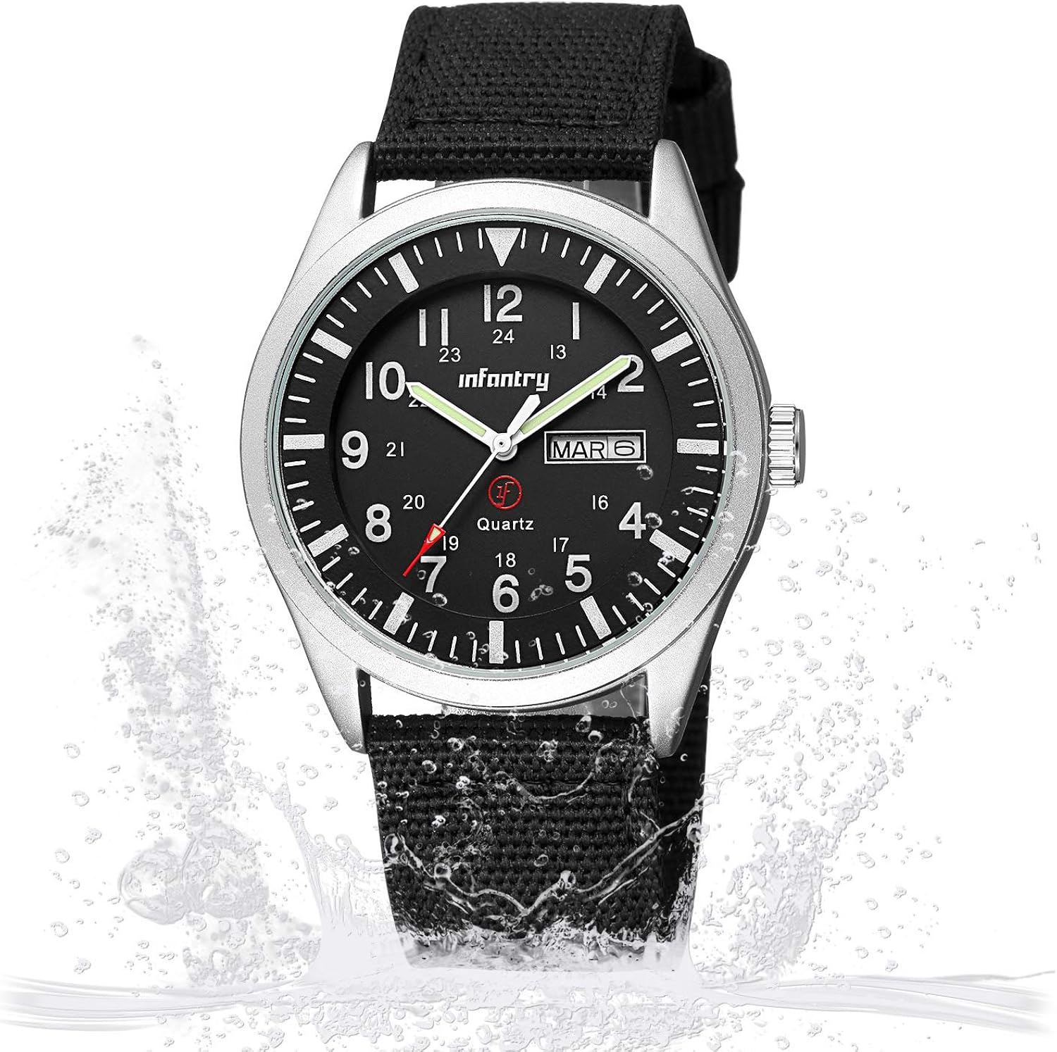 Infantry Mens Military Army Watch, Gents Silver Case Analogue Tactical Wristwatch, 12/24 Hour Military Time with Day Date - Image 5