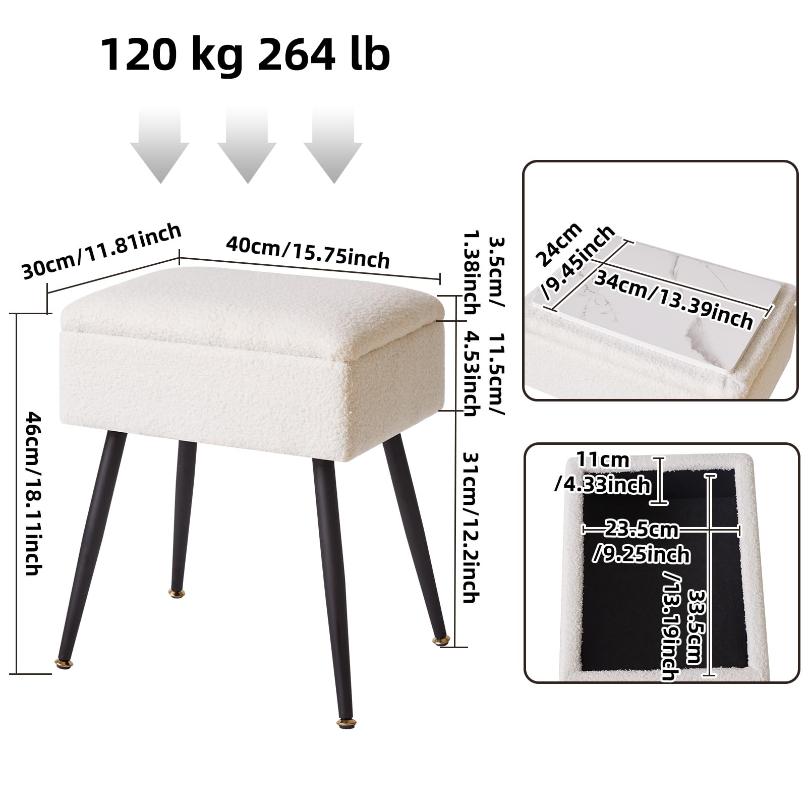 Aibiju Teddyfellimitat Hocker mit Stauraum, Rechteckiger Fußstützenstuhl Ottoman,Schminktischsitz, Kleiner Beistelltisch für Schminkzimmer, Schlafzimmer, Weiß YD-SMS137W 3