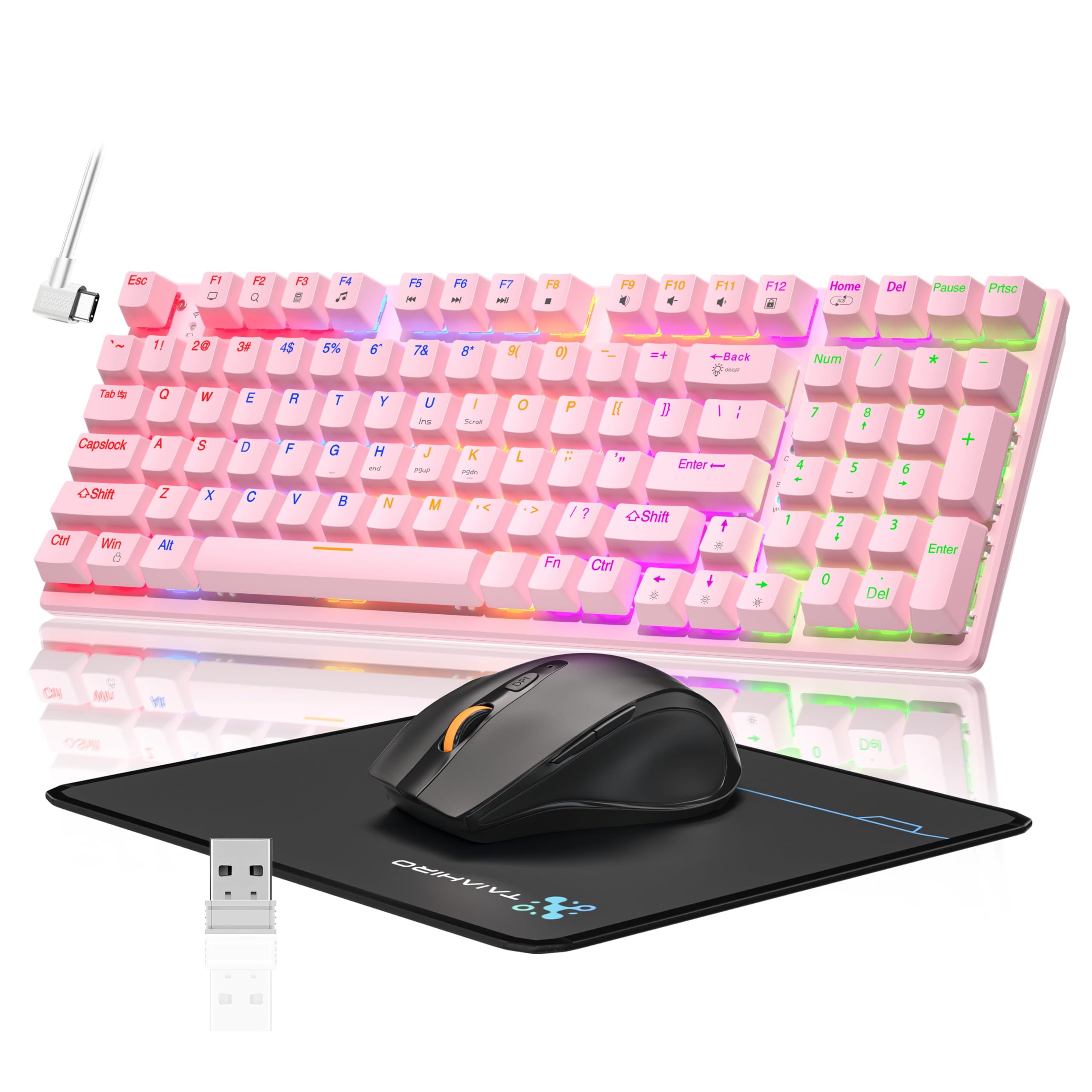 Wireless Mechanical Gaming Keyboard and Mouse Combo, 98 Keys RGB Backlit Rechargeable 2000mAh Battery, 3-Mode BT5.0/2.4G/USB-C (Pink)