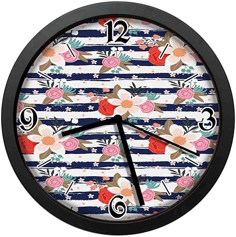 Amazon Co Jp ブルーのトーンストライプレトロなスタイルのイラストと花の開花コサージュシンプルでレトロなファッション掛け時計 直径 25センチ ホーム キッチン