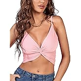 LYANER Women's Twist Knot Front Deep V Neck Rib Knit Sleeveless Cami Tank Crop Top