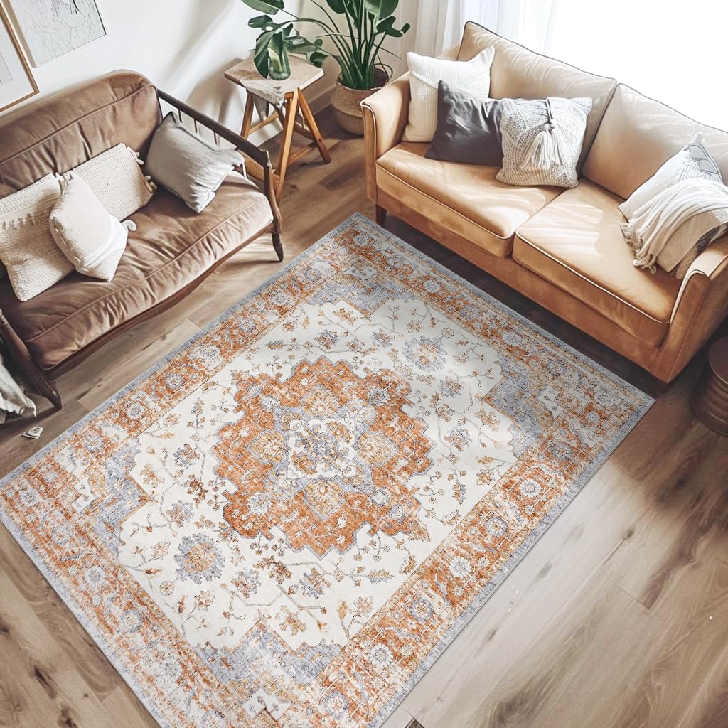 Photo 1 of jinchan Area Rug 5x7 Vintage Washable Bedroom Rug Floral Medallion Lightweight Non Slip Thin Retro Classic Soft Boho Floor Cover Farmhouse Carpet for Living Room Dining Room Kitchen Brick Red
