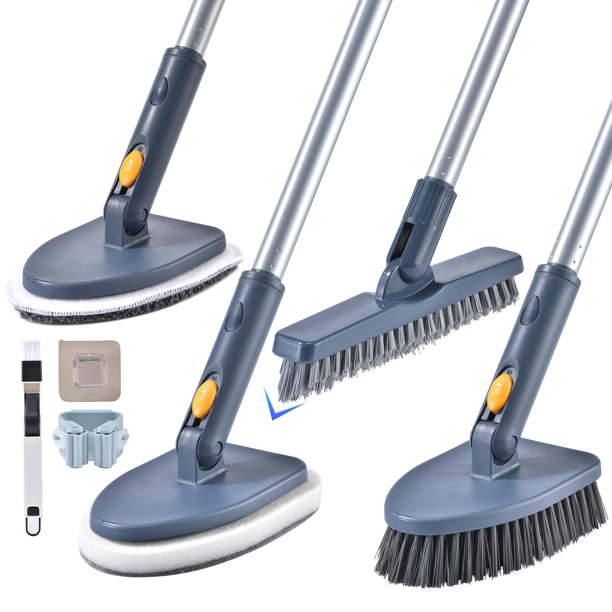 EDZNFE Shower Cleaning Brush,4 in 1 Tile Tub Shower Scrubber with 54.7'' Long Handle Stiff Bristles Sponge Brush Grout Brush Microfibe Pads for Bathroom Kitchen Toilet Wall Glass Tub Tile Sink