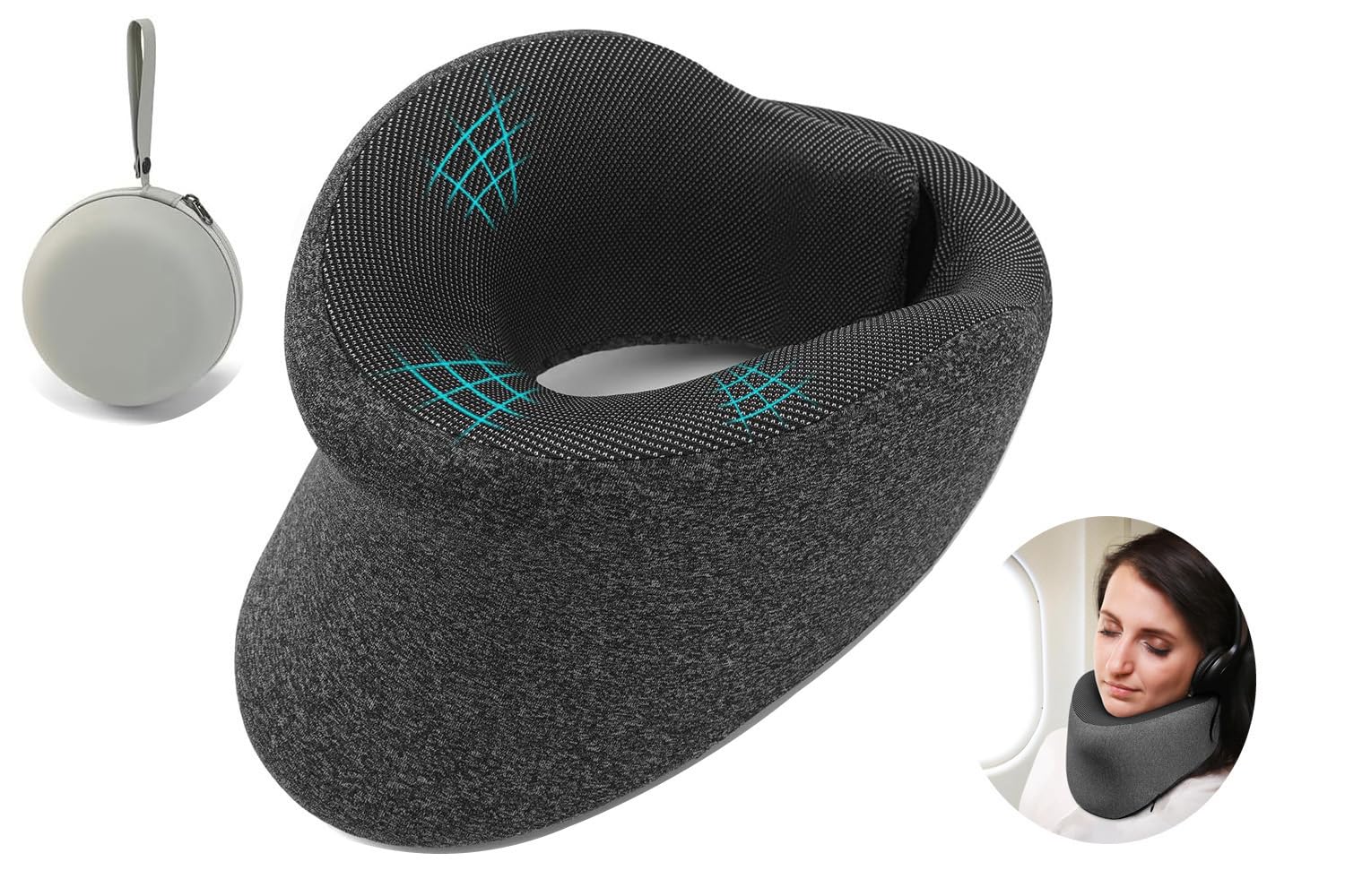 Photo 1 of Napping Travel Pillow for Airplanes - Dense Memory Foam Ergonomic Design with Chin Support to Prevent Head Tipping, Includes Storage Box & Machine Washable Cover for Long Flights