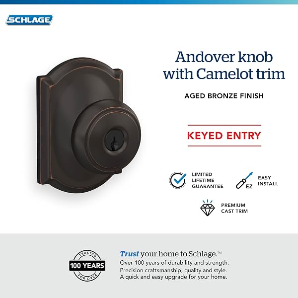 SCHLAGE F51A AND 716 CAM ANDOVER KNOB WITH CAMELOT TRIM KEYED ENTRY LOCK, AGED BRONZE