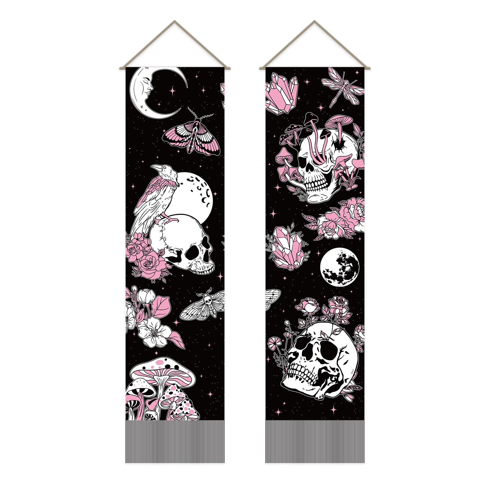 AHANDMAKER Pack of 2 Skull Tapestries Skull & Flower & Mushrooms Tapestry Mystical Pink Crystal Moon Tassel Tapestry Wall Hanging for Room, 13 x 51 Inch