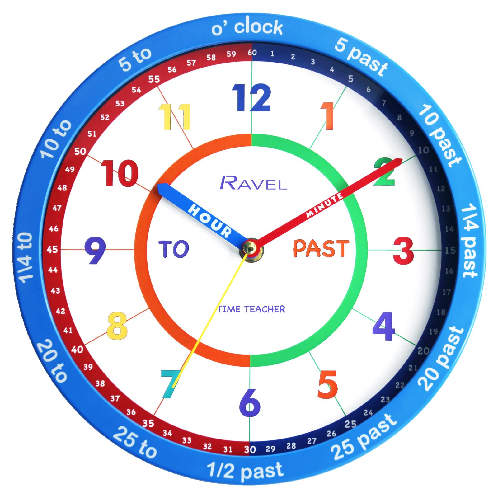 Ravel Children's 25cm Time Teacher Wall Clock - R.KC.09 - Analogue Quartz - Blue
