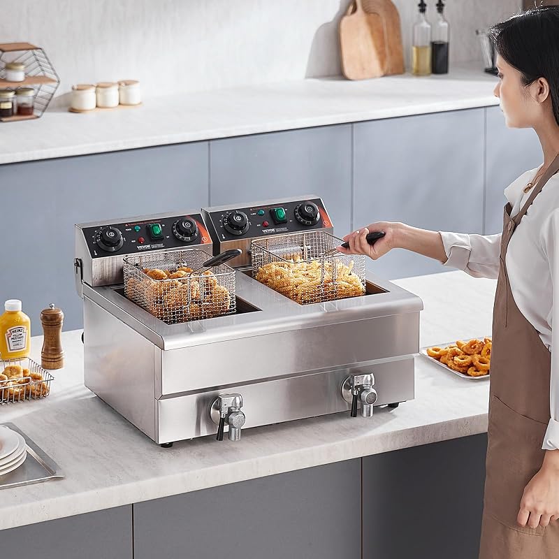 Friteuse Électrique Commerciale 11L x 2 Cuves 3000W x 2 Friteuse à Huile en Inox avec 2 Paniers à Frire Température et Temps Réglable 50-200°C pour Rondelles d’Oignon Poulet Frit Snack-Bars