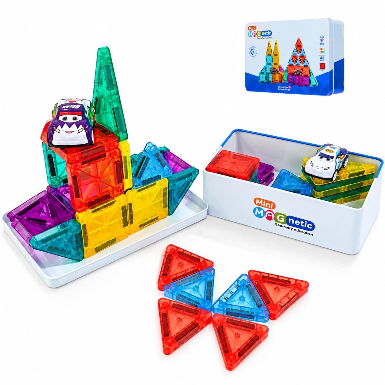 Mini Magnetic Tiles for Kids, 43PCS Travel Building Set with 2 Cars & Case