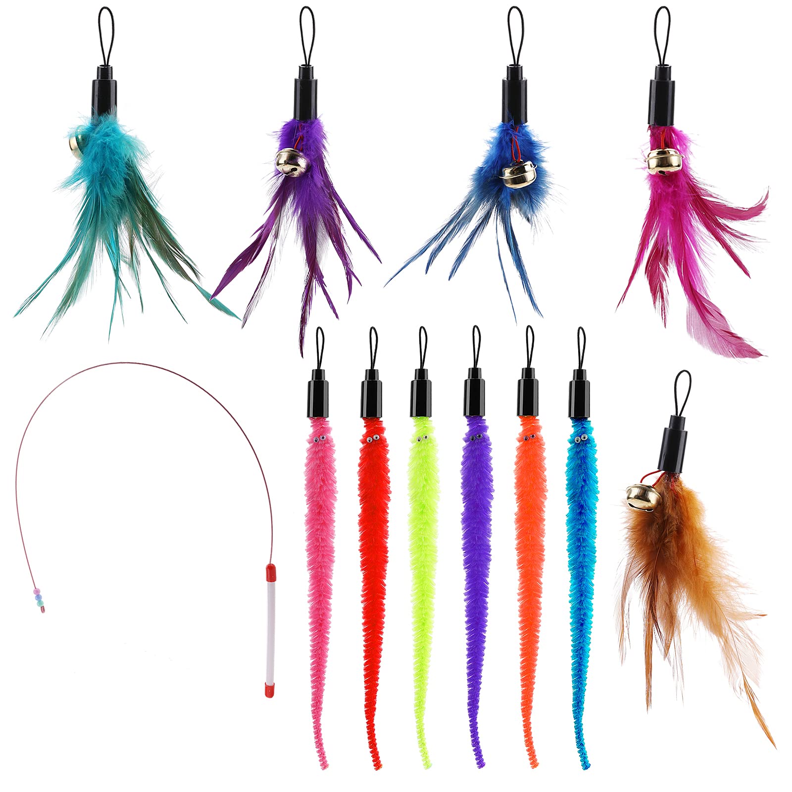 Molain 12Pcs Set Cat Feather Toys - 6 Worm Refills & 5 Natural Feather Teaser Refills, Interactive Teaser Wand for Indoor Cats & Kittens