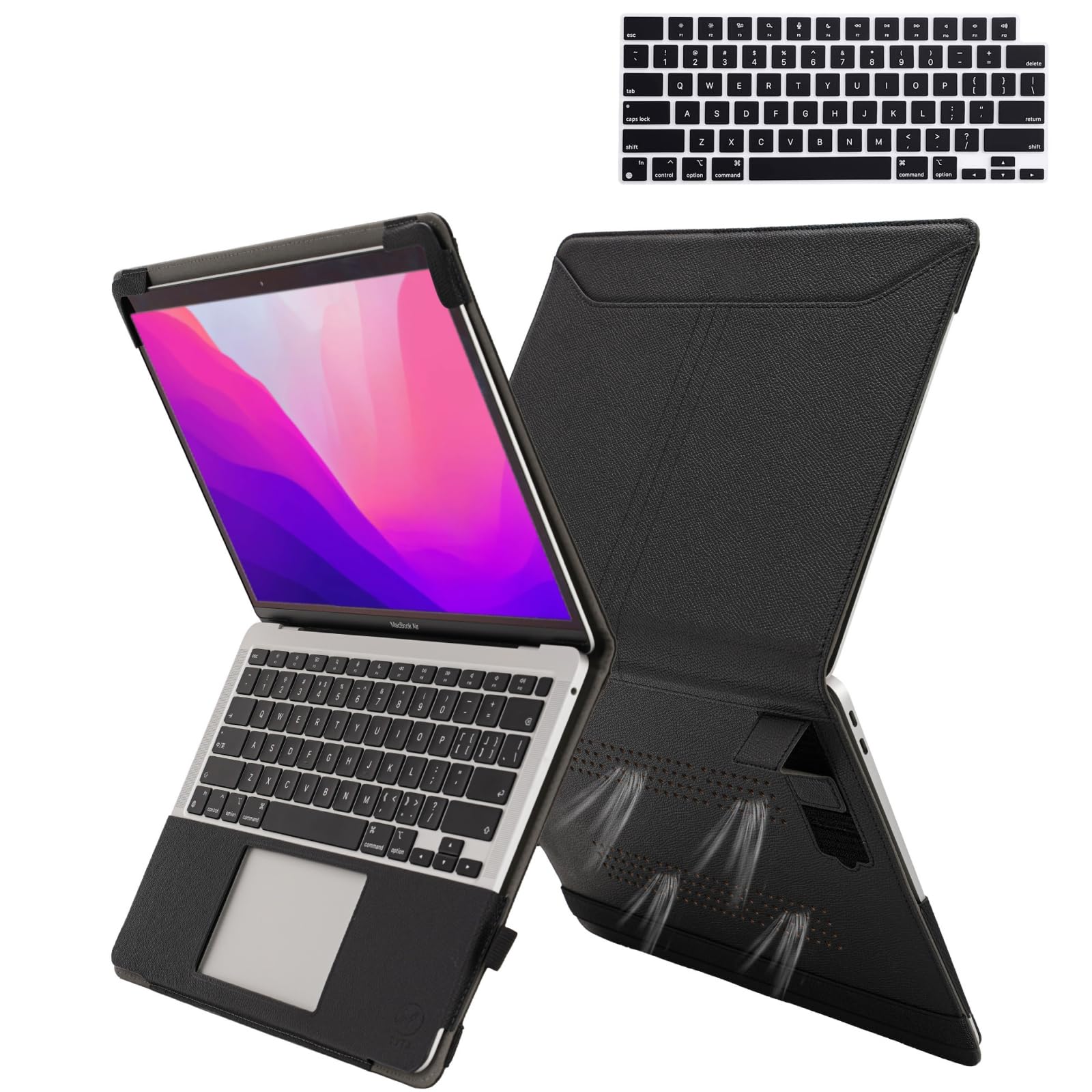 TYTX PU Leather Case Compatible with MacBook Pro 14 inch 2024-2021 Release M3 A2918 A2992 M2 A2779 M1 A2442 Pro Max Chip with Heat-Vent and Stand Function, Laptop Sleeve with Keyboard Cover, Black