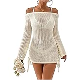 Floerns Women's Off The Shoulder Crochet Cover Up Dress Drawstring Bathing Suit Without Bikini