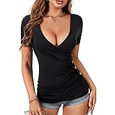 LYANER Women's Deep V Neck Wrap Short Sleeve Ruched Button Slim Fit Blouse Top