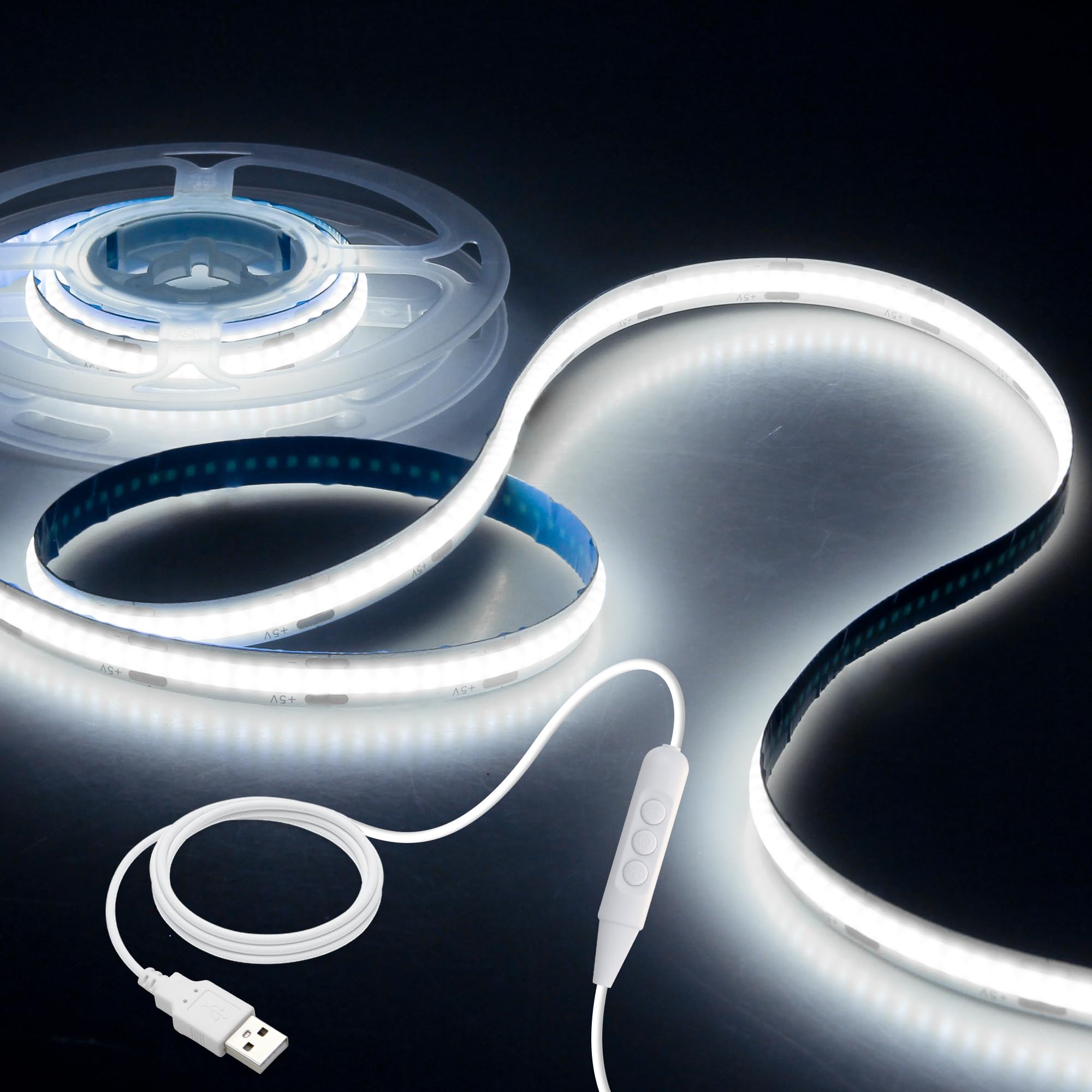 Aclorol USB COB LED Strip Light 1M Dimmable LED TV Backlight High Density Cold White Flexible Rope Light with 1.5M USB Powered for Under Cabinet Wardrobe Bed Lighting 320LEDs/M CRI85+ 6000K