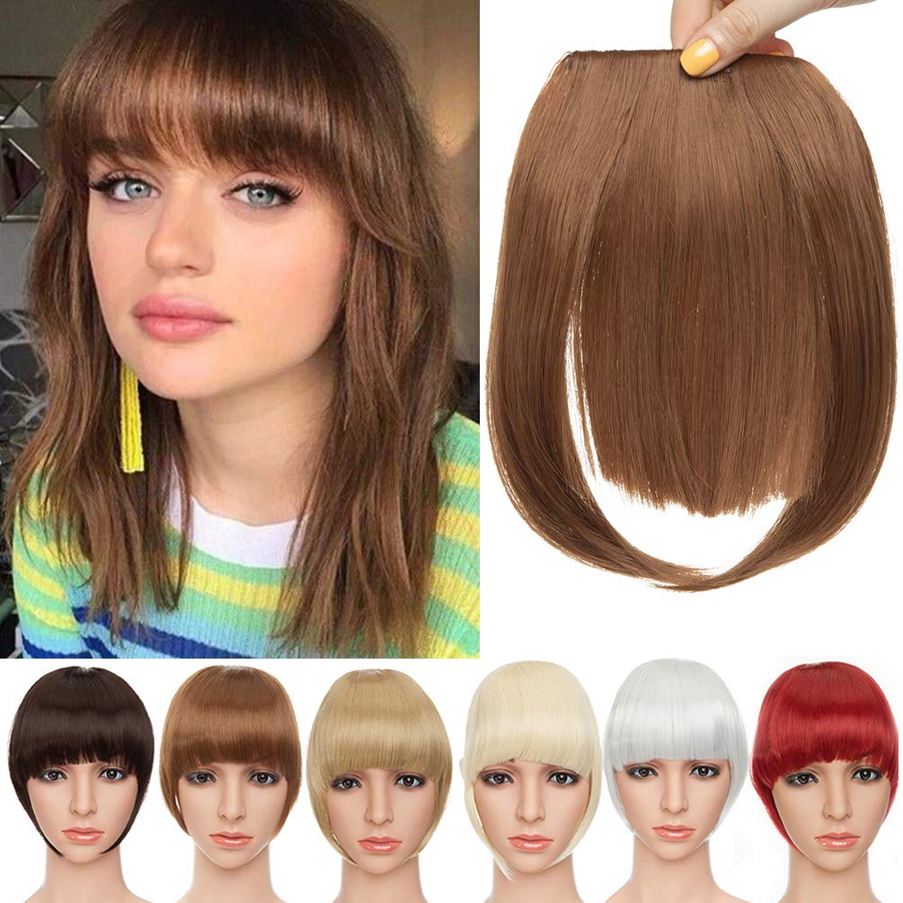 Clip in Hair Bangs Fringe Bangs Hair Extensions Straight Bangs with Temple Hairpieces Accessories Thick Full Neat Front Bangs Hair Piece Light Brown