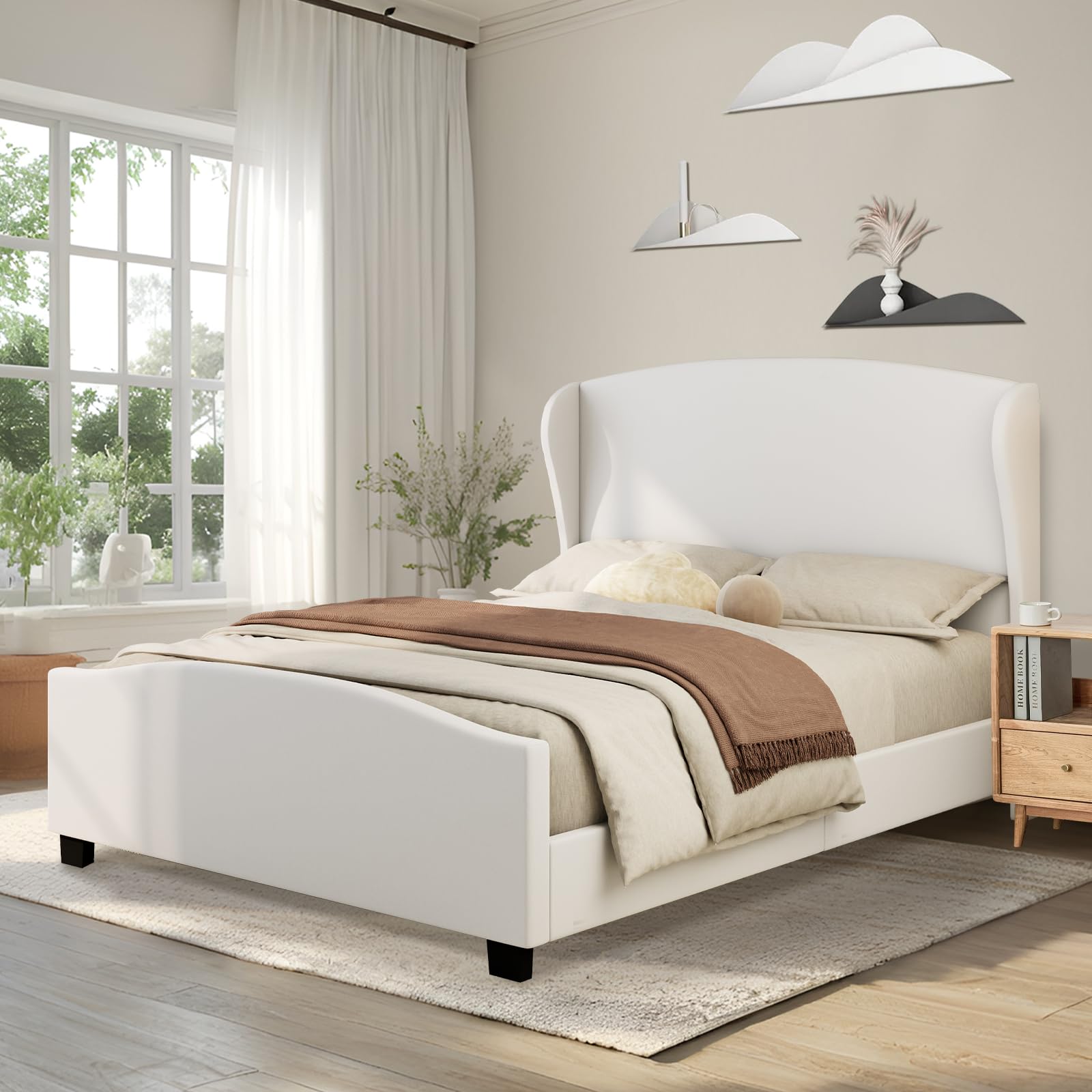 Photo 1 of **STOCK PHOTO FOR REFERENCE**HKOLIE 51.2" High Headboard Wingback Linen Upholstered Platform Bed, Modern Upholstered Bed Frame, Retro Simple Style, Easy Assembly, Soft Fabric, No Box Spring Needed (Beige, King Size)