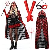 Maazusa Halloween Devil Costume Set for Women Red and Black Outfit Hooded Cape Horns Trident Gloves Mask for Party Cosplay