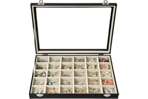 Stratalife Earring Organizer Jewelry Holder Organizer Drawer Earring Storage Jewelry Tray with Clear Lid Ring Box for Women Girls Anti Tarnish 30 Grid (Beige Black)