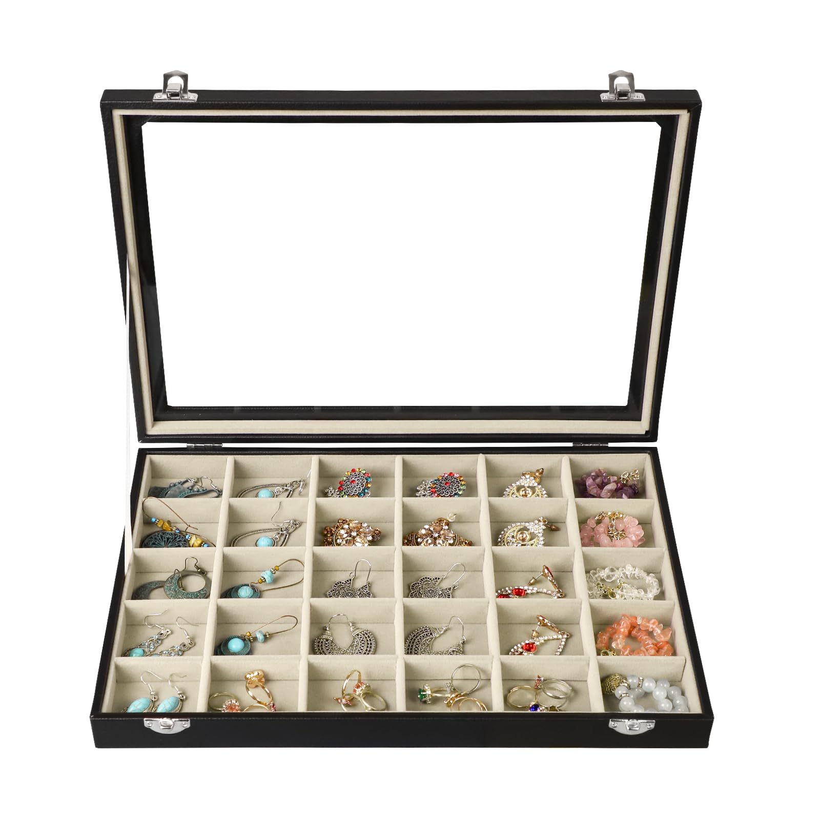 Photo 1 of Stratalife Earring Organizer Jewelry Holder Organizer Drawer Earring Storage Jewelry Tray with Clear Lid Ring Box for Women Girls Anti Tarnish 30 Grid (Beige Black)