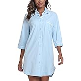 EA'S SECRET 100% Cotton Nightgowns for Women 3/4 Sleeve Button Down Nightshirts Soft V-Neck Knee Length Sleepwear With Pocket