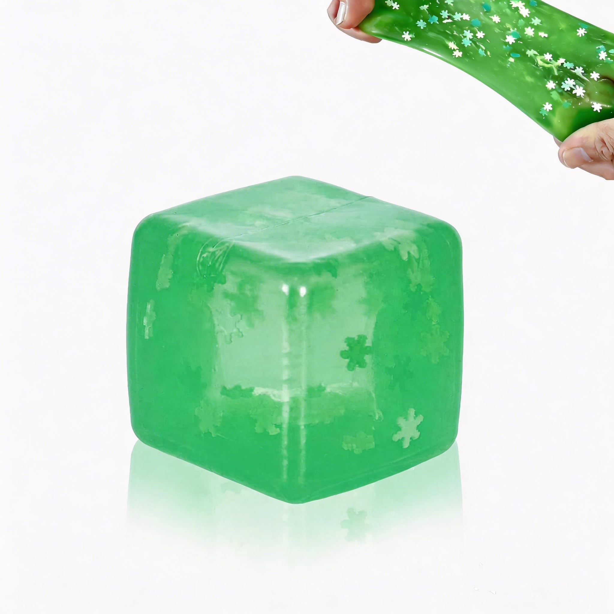 Stress Balls Ice Cube with Snowflakes 1.97", Snow Pieces Silent Nice Square Shape Anxiety Sensory Squishy Fidget Toy Slow Rise(Green)