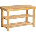 SONGMICS Shoe Rack Bench, 3-Tier Bamboo Shoe Organizer, Storage Shelf Holds Up to 264 lb, Ideal for Entryway Bathroom Living
