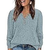 ROSRISS Womens-Plus-Size-Tops Trendy Long Sleeve Henley Shirts Casual Ribbed Knit Tunics Dressy Crewneck Pullover Sweaters