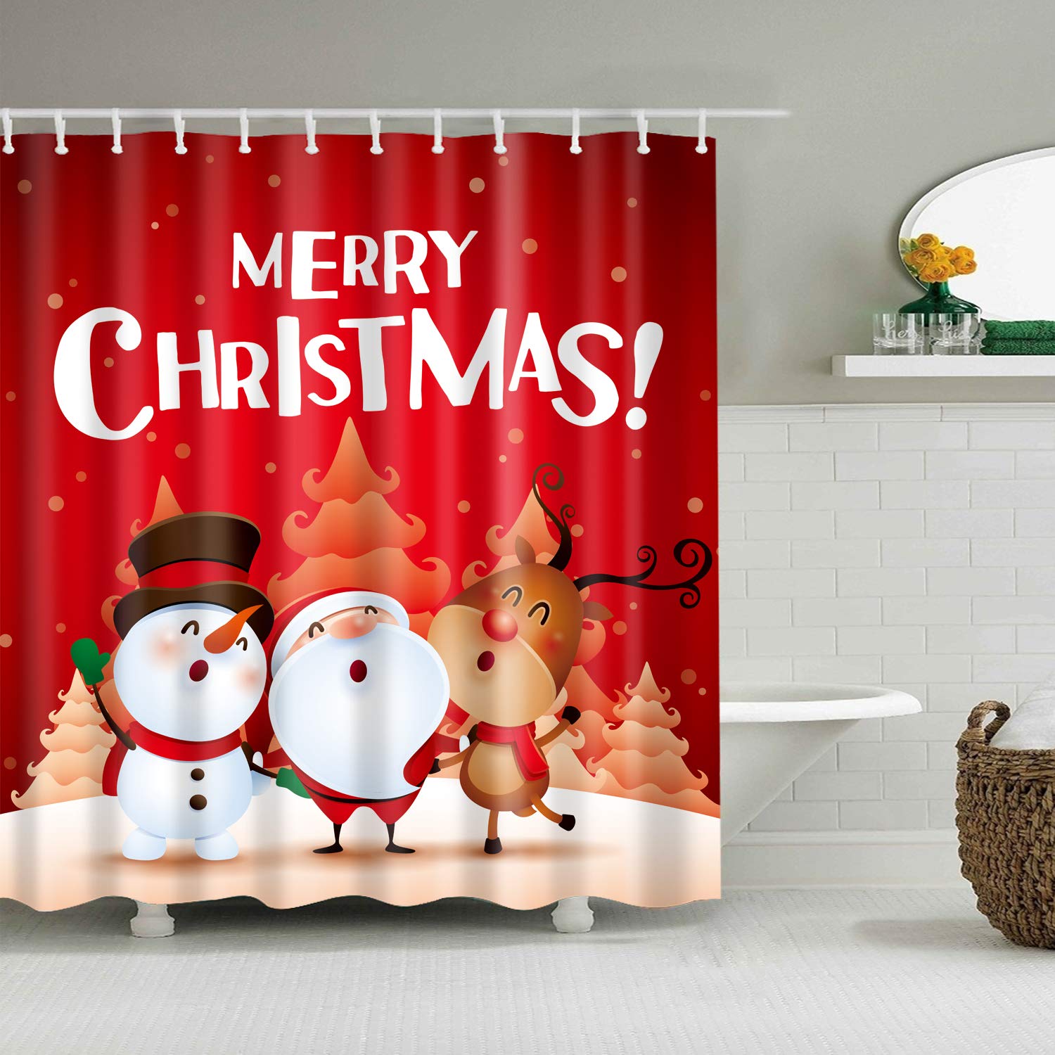 J26 Shower Curtain Weichtsmann Christmas Tree Snowman Xmas Christmas Tree Curtain Digital Print Including Curtain Rings Anti Mould Bathroom Bathtub Washable (Santa & Snowman, 180 x 200 cm)