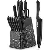 Knife Set, FOHERE 14 Pcs Knife Sets for Kitchen with Block, Dishwasher Safe, BO Oxidation German Stainless Steel Kitchen Knife Set with Built-in Sharpener, Anti-slip Ergonomic Handle, Black Granite