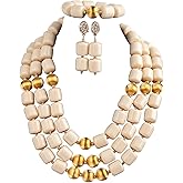 Africanbeads 3 Rows Gold Tone Coral Necklace Bracelet Earrings,Nigerian Wedding Coral Beads Jewelry Set