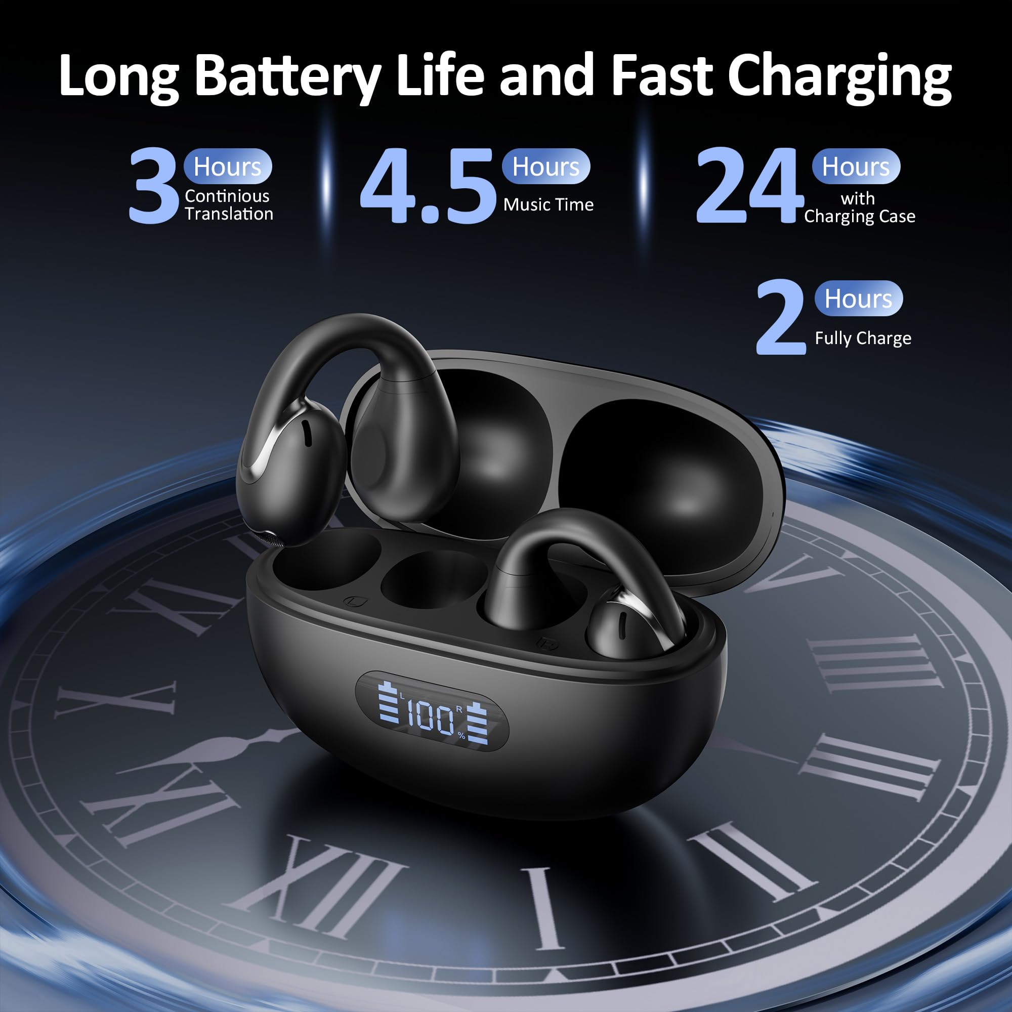 AI Language Translation Earbuds Real Time, IAMJOY Language Translator Earbuds Open Ear Clip-On Design, 163 Language & Accents Two-Way Translator Device with APP for Travel Learning Business, Black