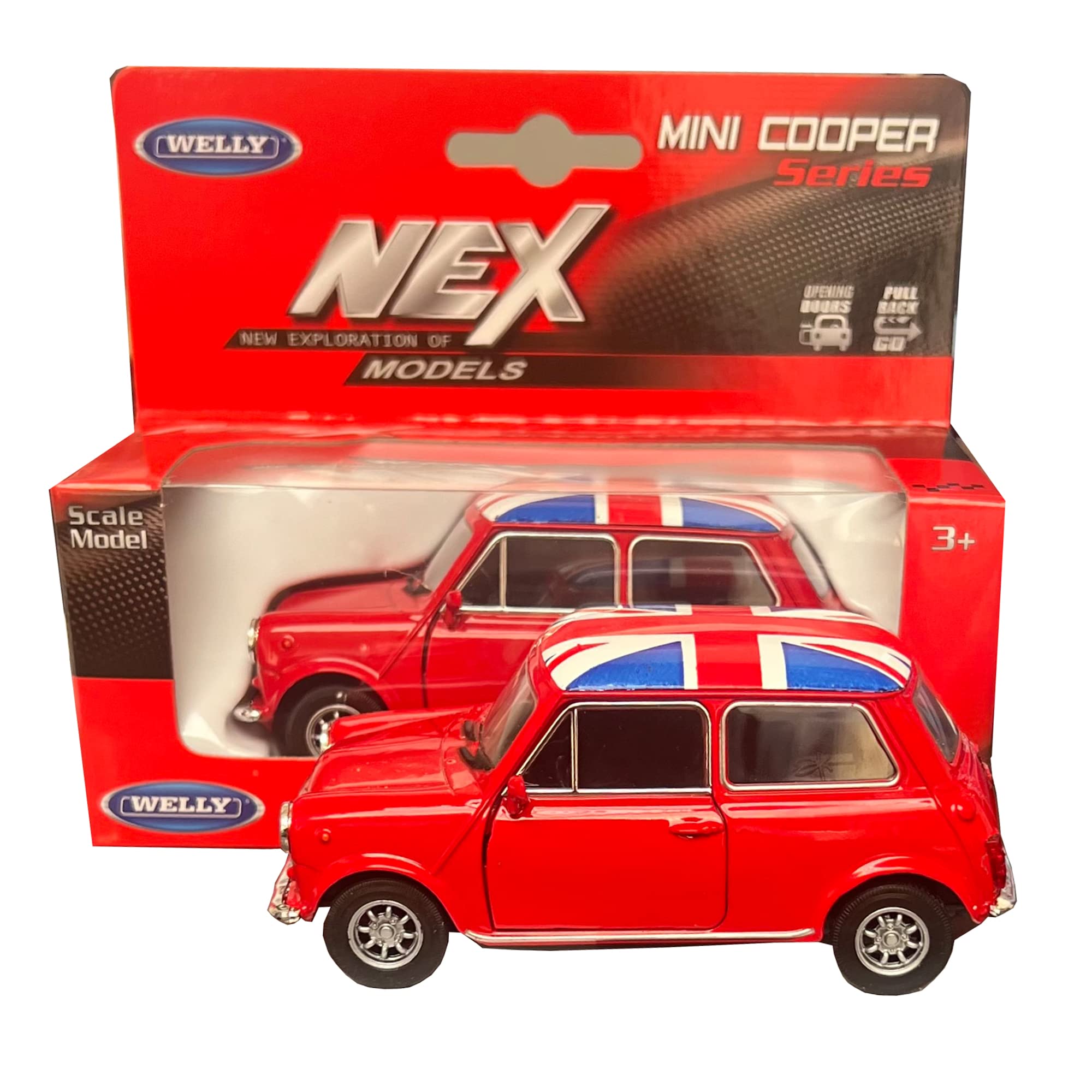 Welly Mini Cooper Model (Red) with Union Jack Top Made of Die Cast Metal and Plastic Parts, Pull Back & Go Action Toy