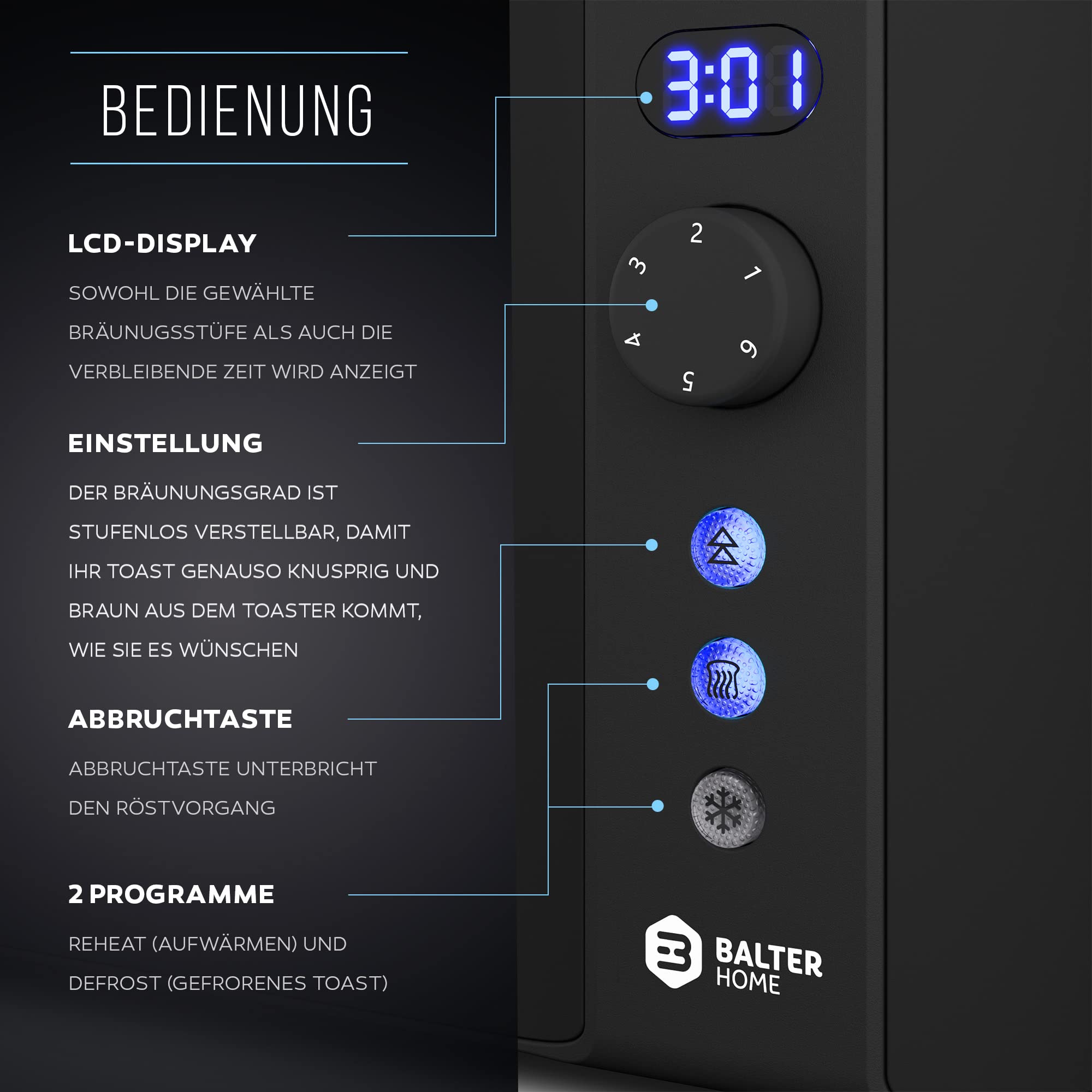 Balter Toaster 4 Scheiben, Langschlitz, Edelstahl, Brötchenaufsatz, LCD Display mit Restzeitanzeige, Auftaufunktion, Brotzentrierung, Krümelschublade, TS-04-LCD, Farbe: Schwarz 3