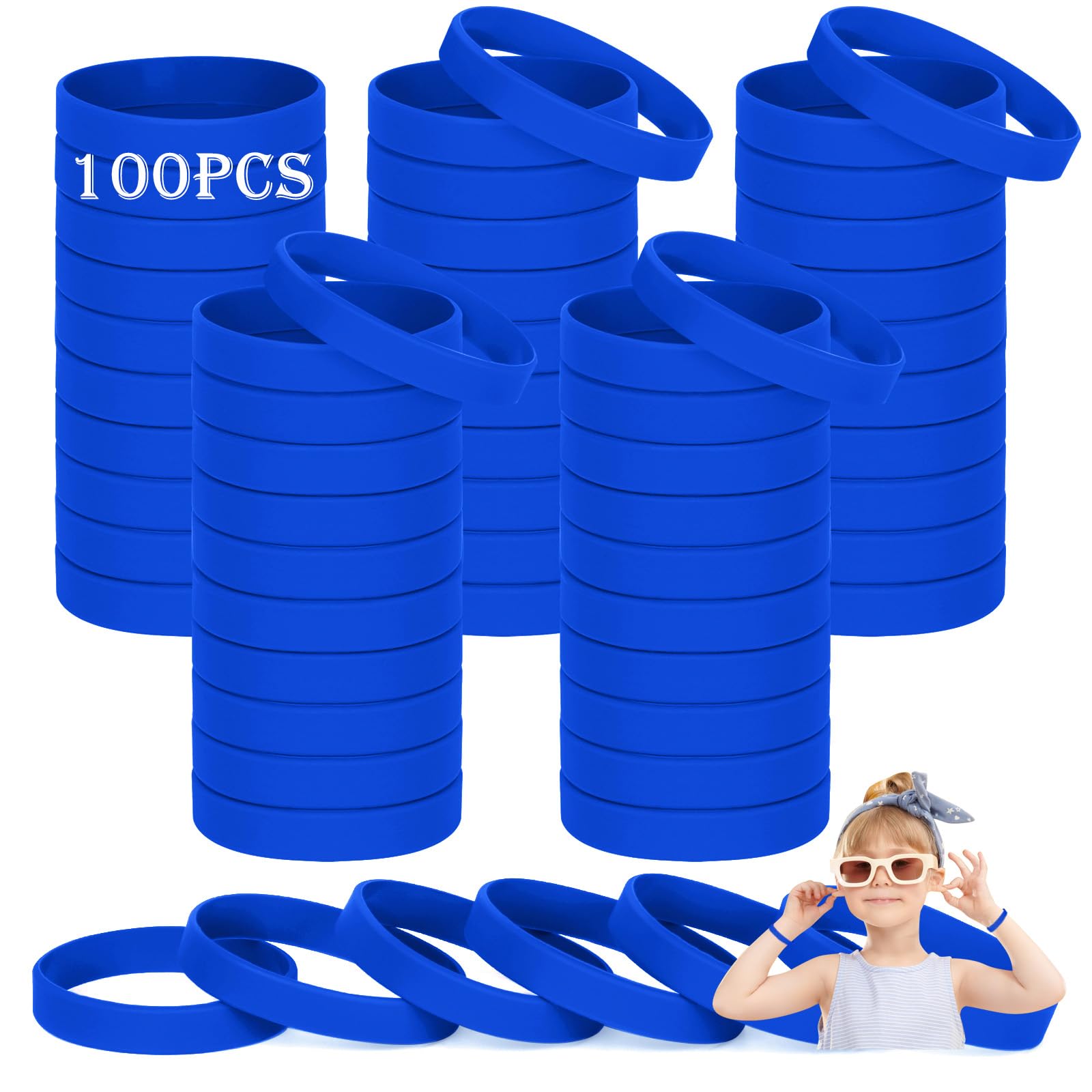 HONTIUS Kids silicone wristbands, 100PCS kids Blue Rubber Wristbands Blank Wrist Bands Universal Wristband Set for Kids Child Children Kindergarden Team Sport（Suitable for 3-7aged）