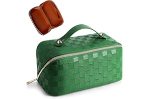 CESSFLE Large Capacity Travel Cosmetic Bag Plaid Checkered Makeup Bag Portable Leather Waterproof Skincare Bag with Handle and Divider for Women 01-Green