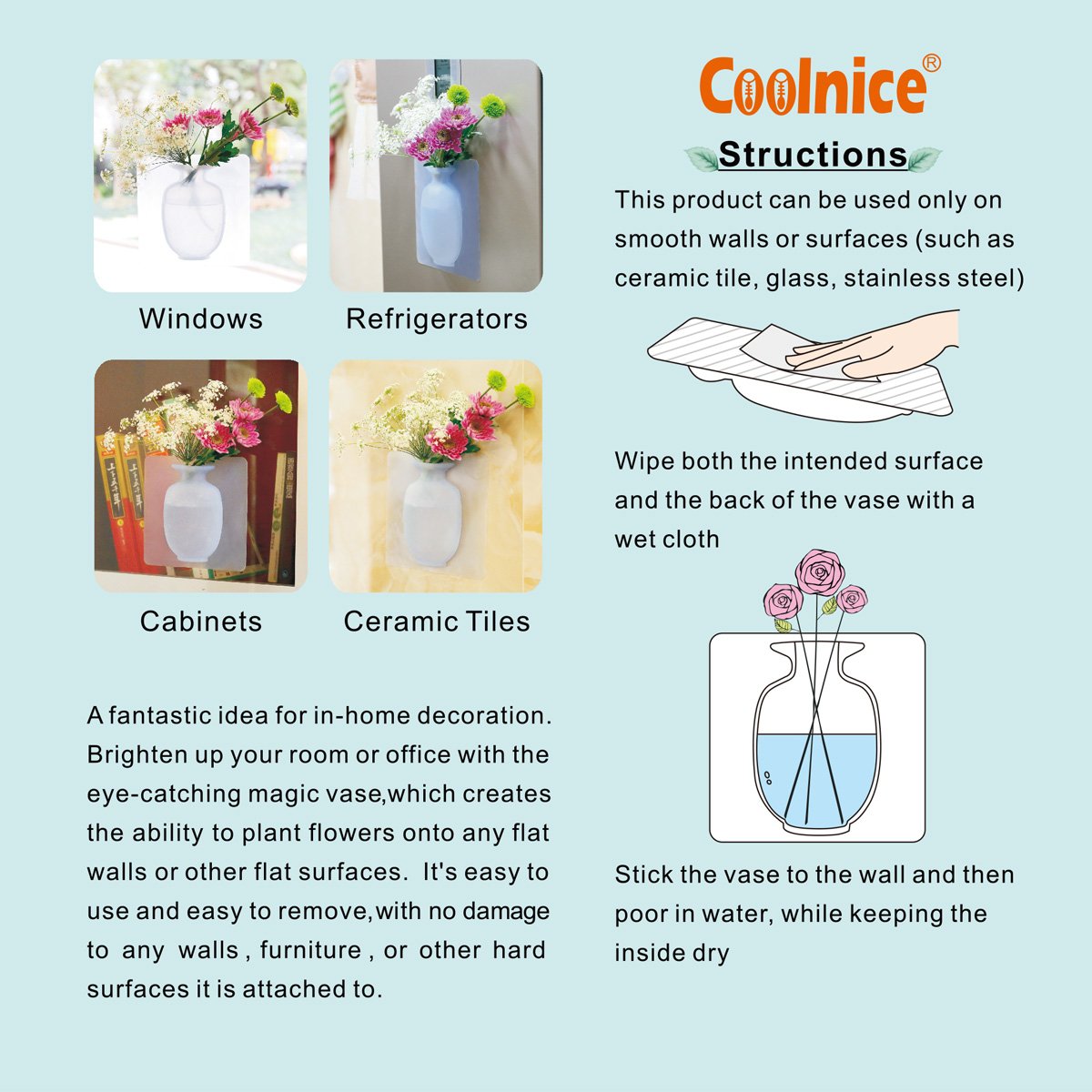 Coolnice Wall Vase Hanging Flower Container with Strong Sticky - Food Grade Silicond - Great for Indoor Outdoor Decoration