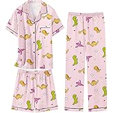 Schbbbta Girls 3 Pieces Pajamas Sets Silk Satin Sleepwear Button Down Short Sleeve Pjs Outfits