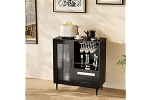Garvee Wine Bar Cabinet with Fluted Glass Door, Modern Liquor Cabinet with Storage Sideboard Buffet with Drawer & Glass Holde