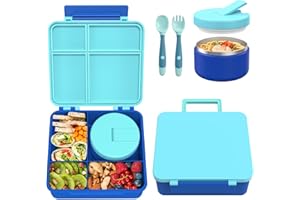 Pawtong Bento Lunch Box with 8oz Soup Thermo, Kids Leakproof Lunch Food Containers with 4 Compartment, Kids Thermo Insulated Hot Food Jar for School, Trvael（Blue