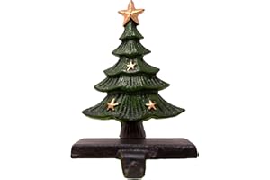 Chalily 3-D Christmas Tree Stocking Holder Cast Iron Hooks for Christmas Socks Hand Painted Green & Gold Easily Rest on a Mantel, Fireplace, or Book Shelf Heavy Duty & Durable Holiday Season Decor