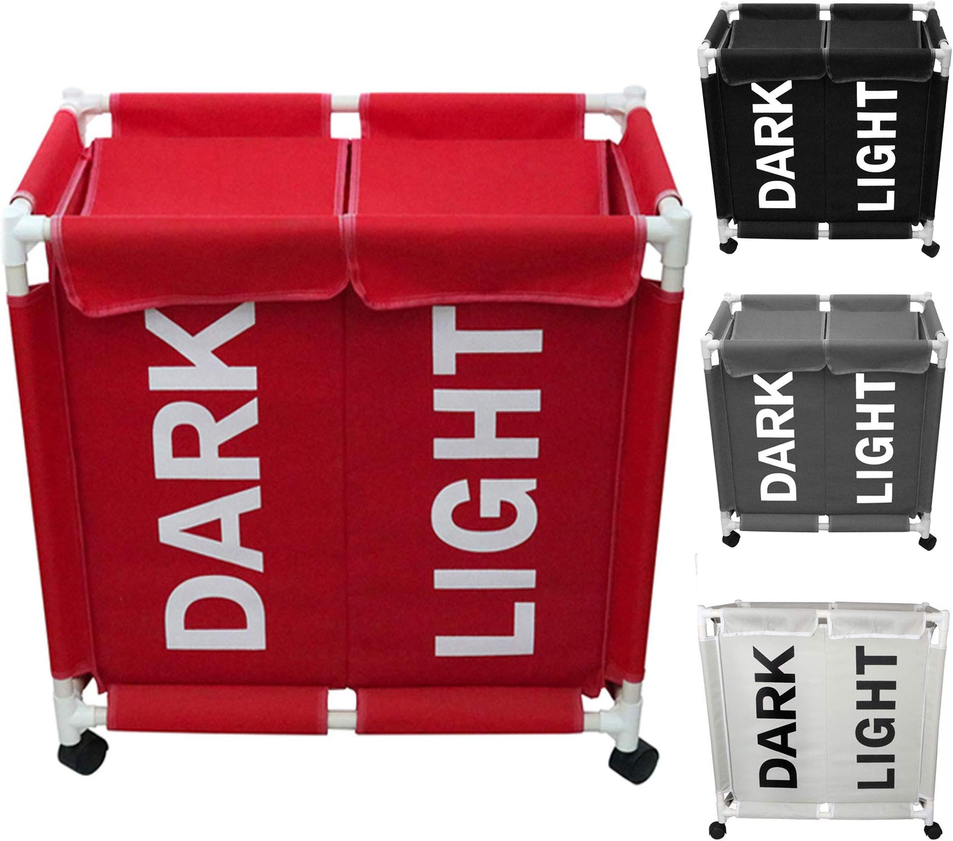 Smile Mom Twin Section Laundry Basket/Bag/Hamper for Clothes with Wheels & Lid, Best for Home Bathroom Bedroom (Red)